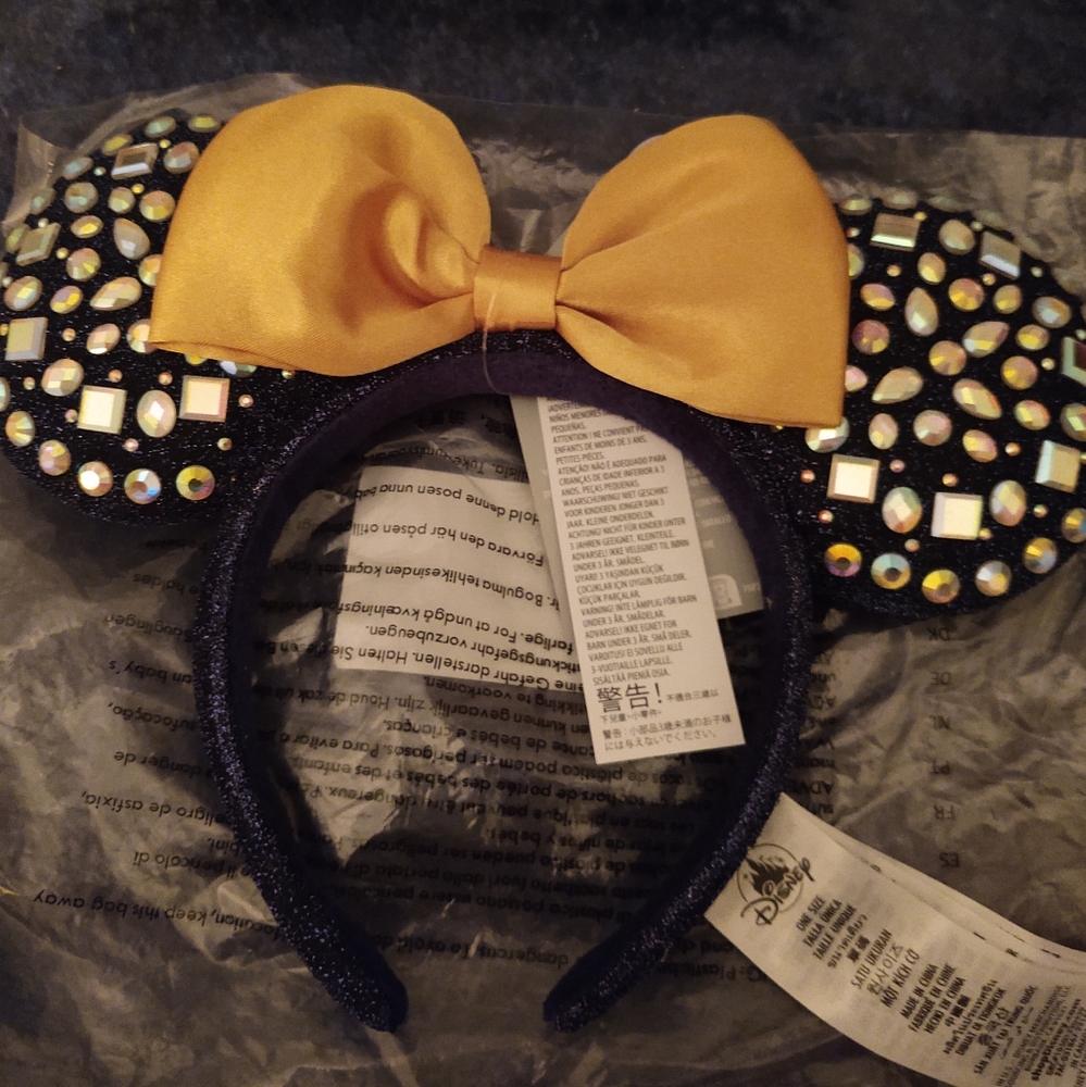 Disney Parks 50th Anniversary Jeweled Minnie Mouse ears Navy Blue W/Gold Bow